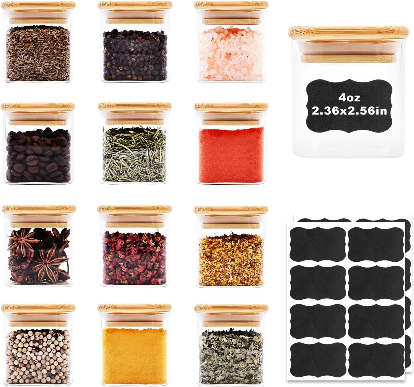 Glass Food Storage Jars Square 4oz, 12 Pack Glass Jars With Bamboo Lids, Kitchen Storage Containers