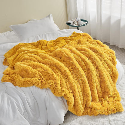 GONAAP Fuzzy Faux Fur Throw Blanket Queen Size Mustard Yellow Super Soft Cozy Plush Fuzzy Shaggy