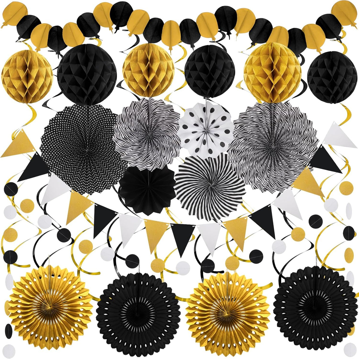 Black Gold Party Decorations, New Years Eve Party Supplies Easy Assembly Paper Fan Honeycomb Ball