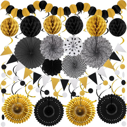 Black Gold Party Decorations, New Years Eve Party Supplies Easy Assembly Paper Fan Honeycomb Ball