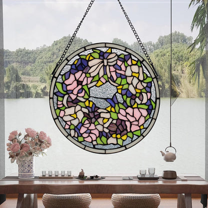 Handcrafted Stained Glass Window Panel - 12-Inch Round Floral Design with Vibrant Colors, Elegant