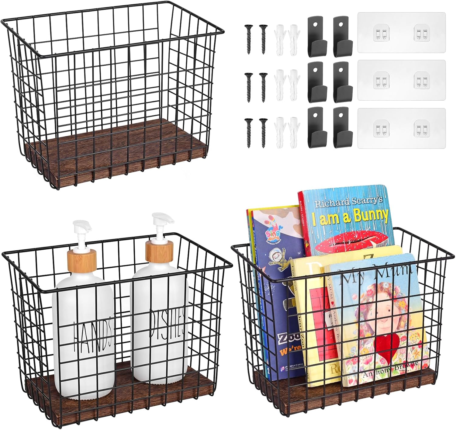 Wall Hanging Baskets 3 Pack, Large Diversified Wire Basket Shelves of Wooden Style, with Wall