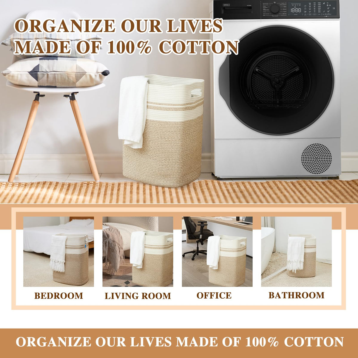 Casaphoria Laundry Hamper, Light Brown Cotton, 16x13x22in, Foldable, Square, Large, Box, 50L