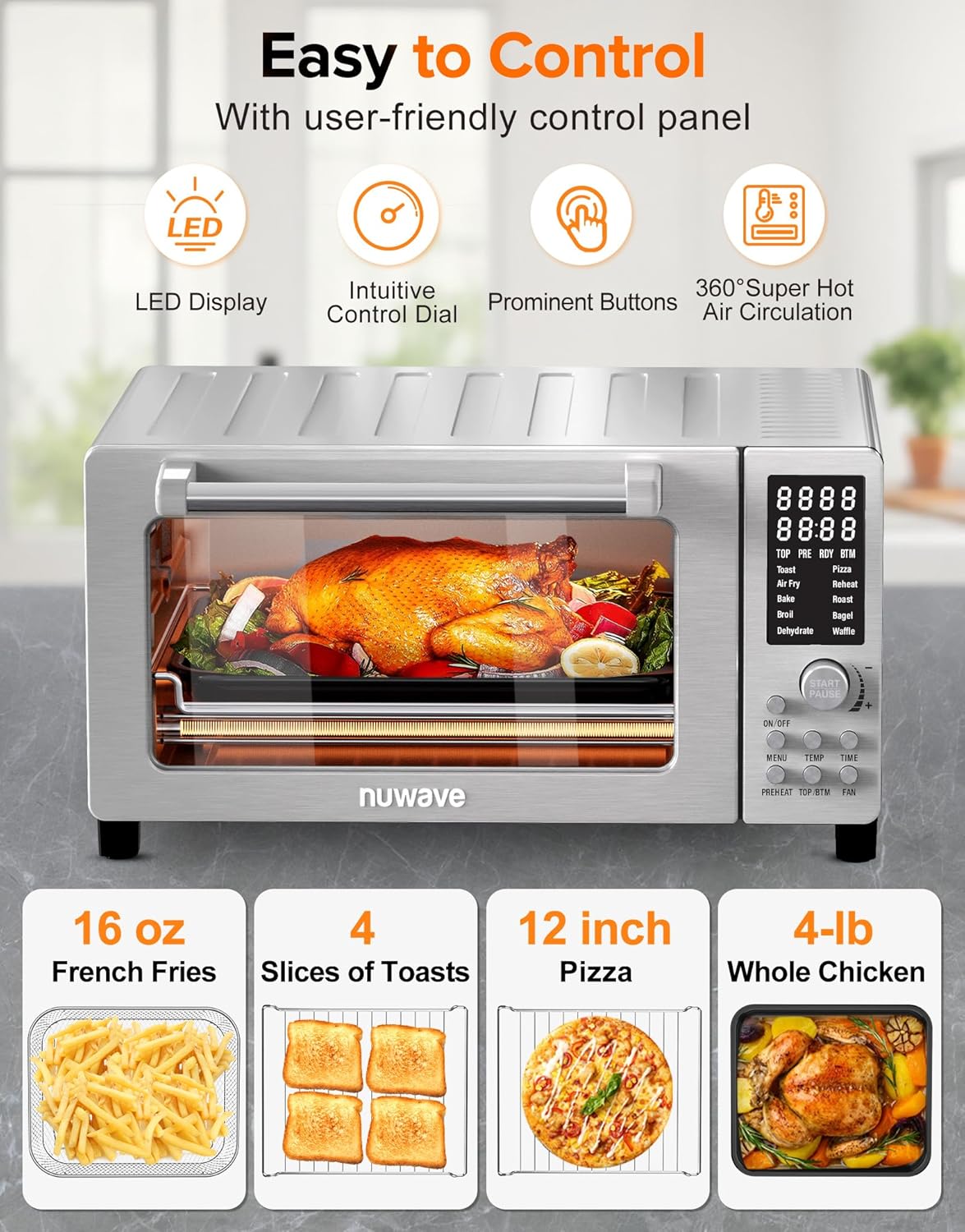 Nuwave Bravo Pro Smart 21QT Toaster Oven Air Fryer Combo, Convection Oven Countertop, 10 functions
