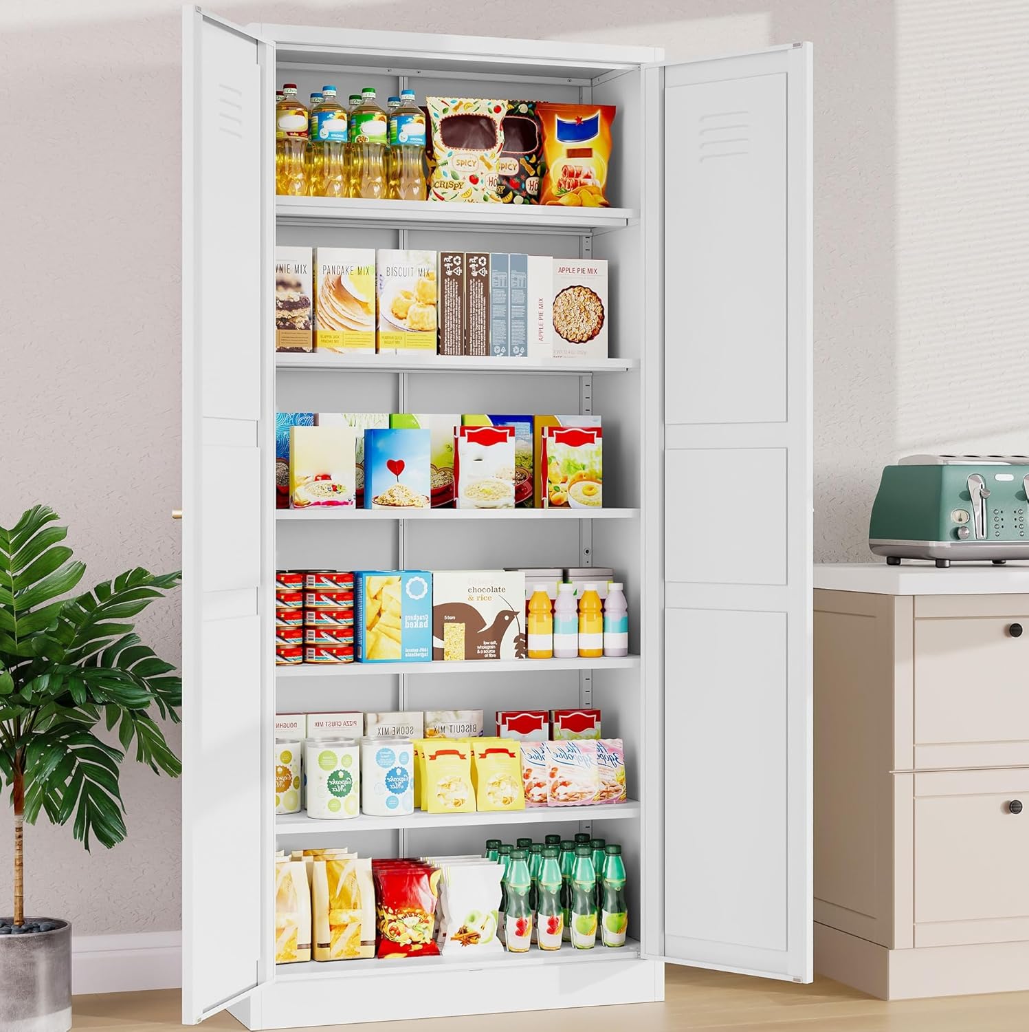 SISESOL White Metal Storage Cabinet,71" Tall Pantry Cabinet,Kitchen Pantry Storage Cabinets with 2
