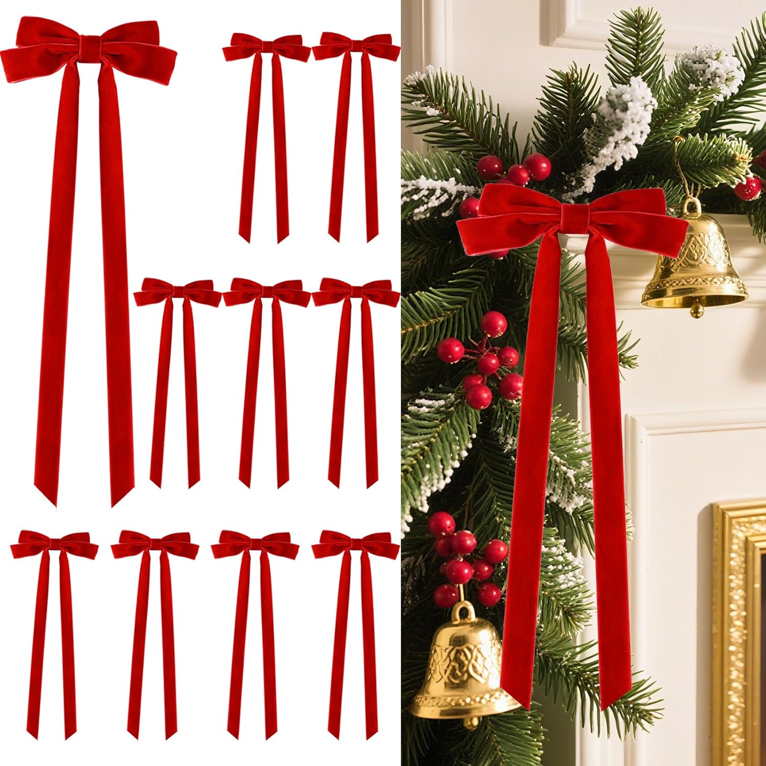 Senjie 10Pcs Large Velvet Christmas Tree Bows, 20in x 8in Premade Vintage Ribbon Tree Topper Bows