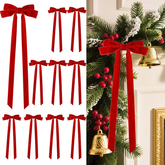 Senjie 10Pcs Large Velvet Christmas Tree Bows, 20in x 8in Premade Vintage Ribbon Tree Topper Bows