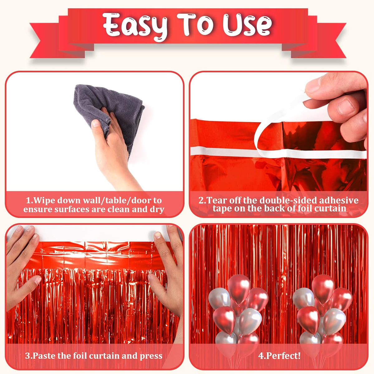 3 Pack 3.3x8.2 Feet Red Foil Fringe Backdrop Curtains, Tinsel Streamers Birthday Party Decorations