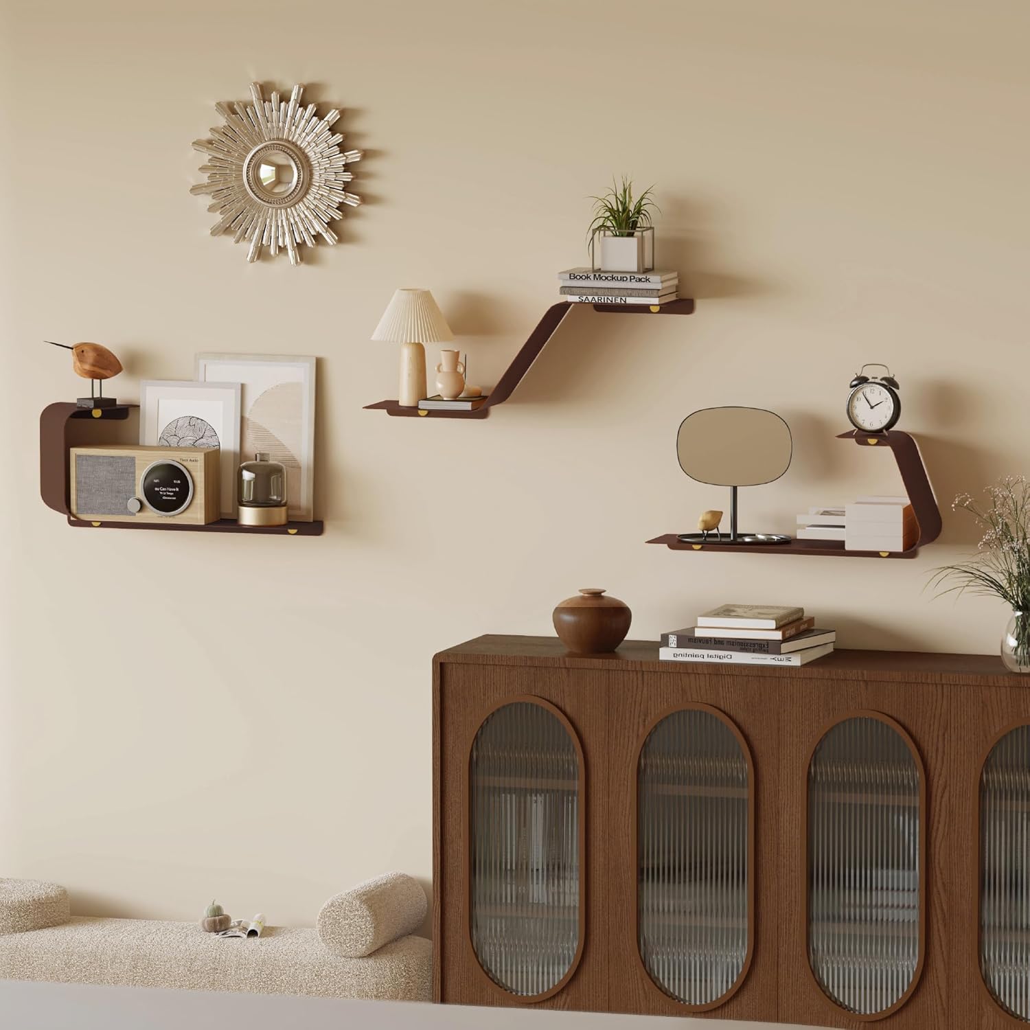 Floating Shelves, Wall Shelf, Set of 3 Wall Mounted Metal Shelves with Unique Design for Wall