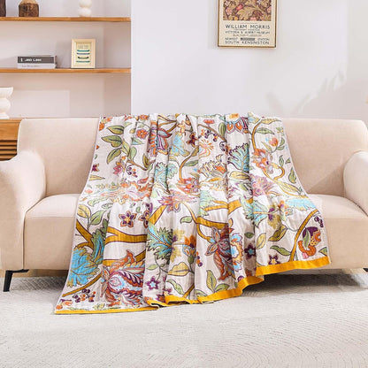 Boho Throw Blanket for Bed, 100% Cotton Soft Rustic Quilt Fall Blanket, 90"x98" Floral Printed
