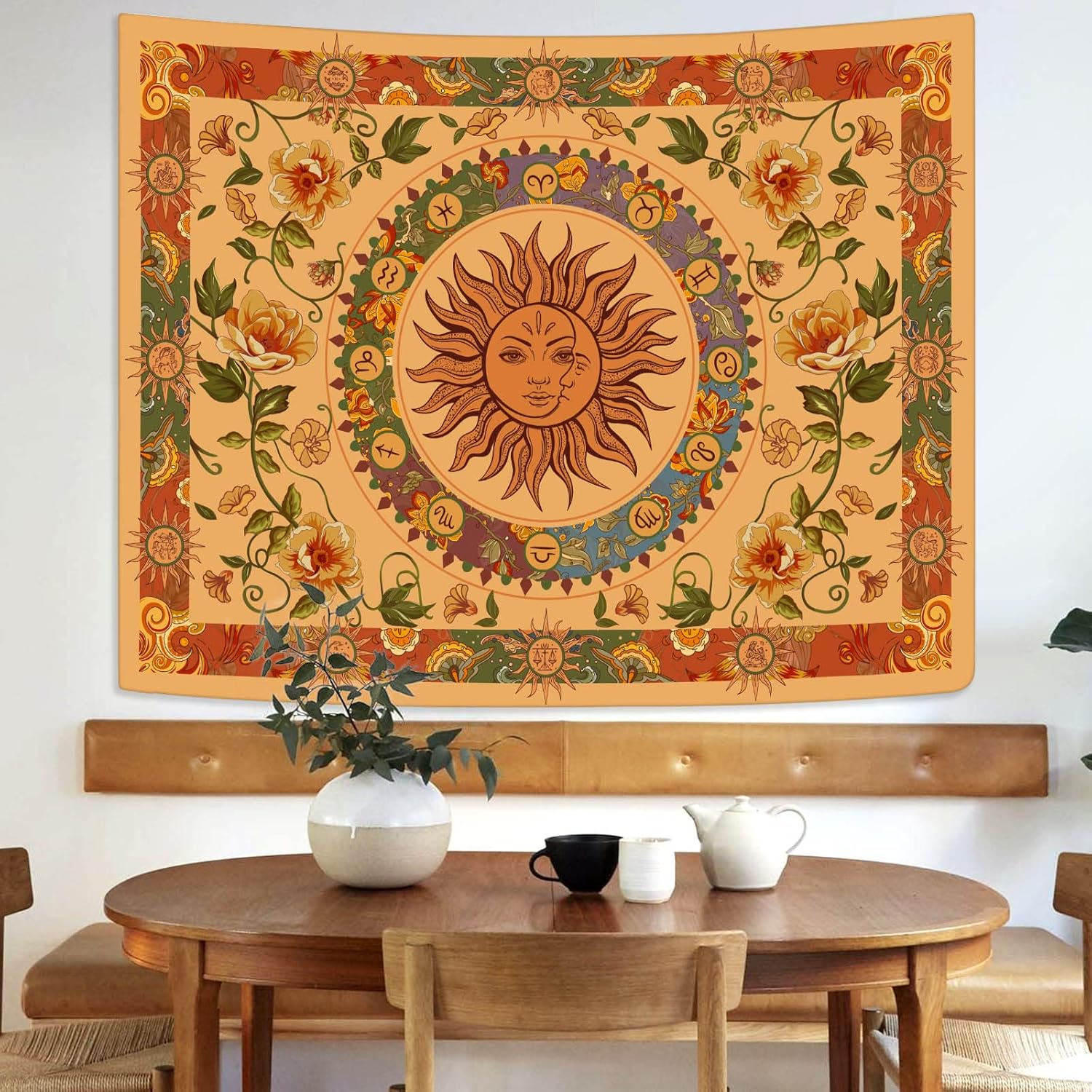 Aipon Yellow Sun and Moon Tapestry Hippie Indie Tapestries Boho Orange Flower Floral Tapestry Wall