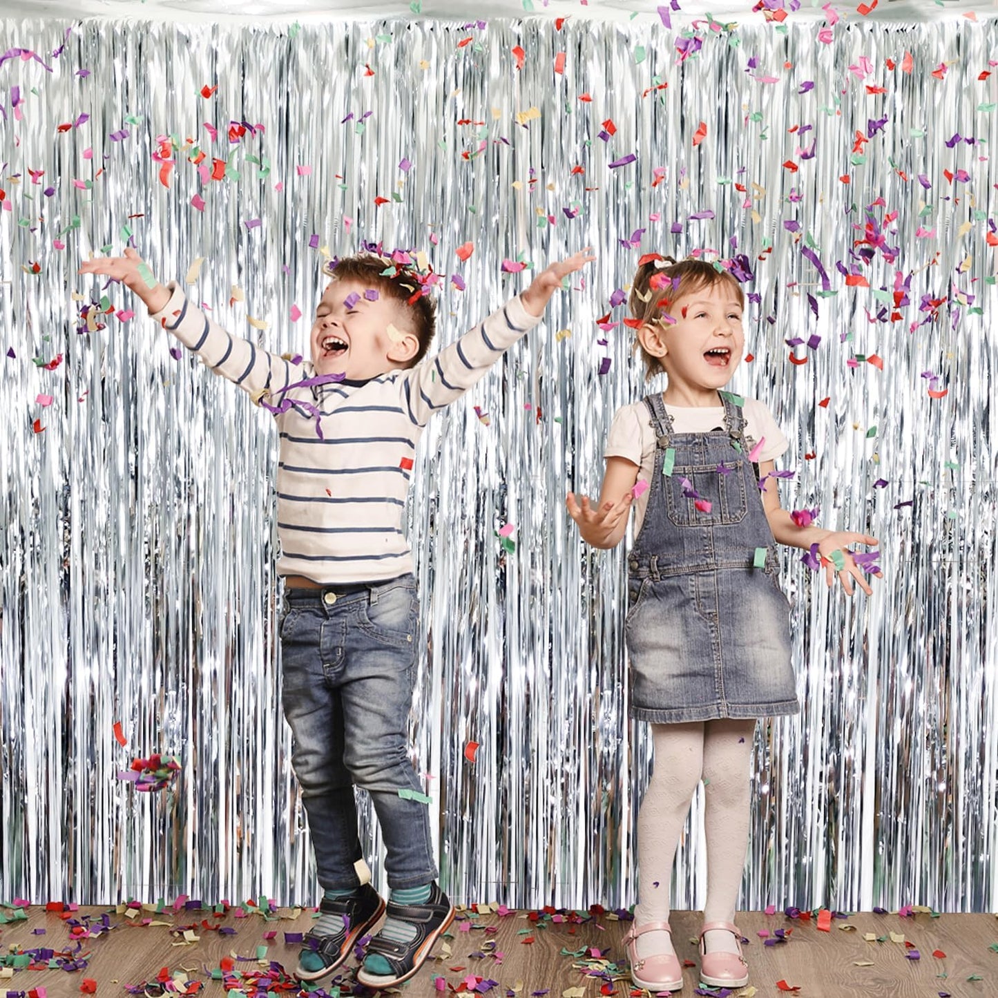 GOER 3.2 ft x 8.2 ft Metallic Tinsel Foil Fringe Curtains Party Photo Backdrop Party Streamers for
