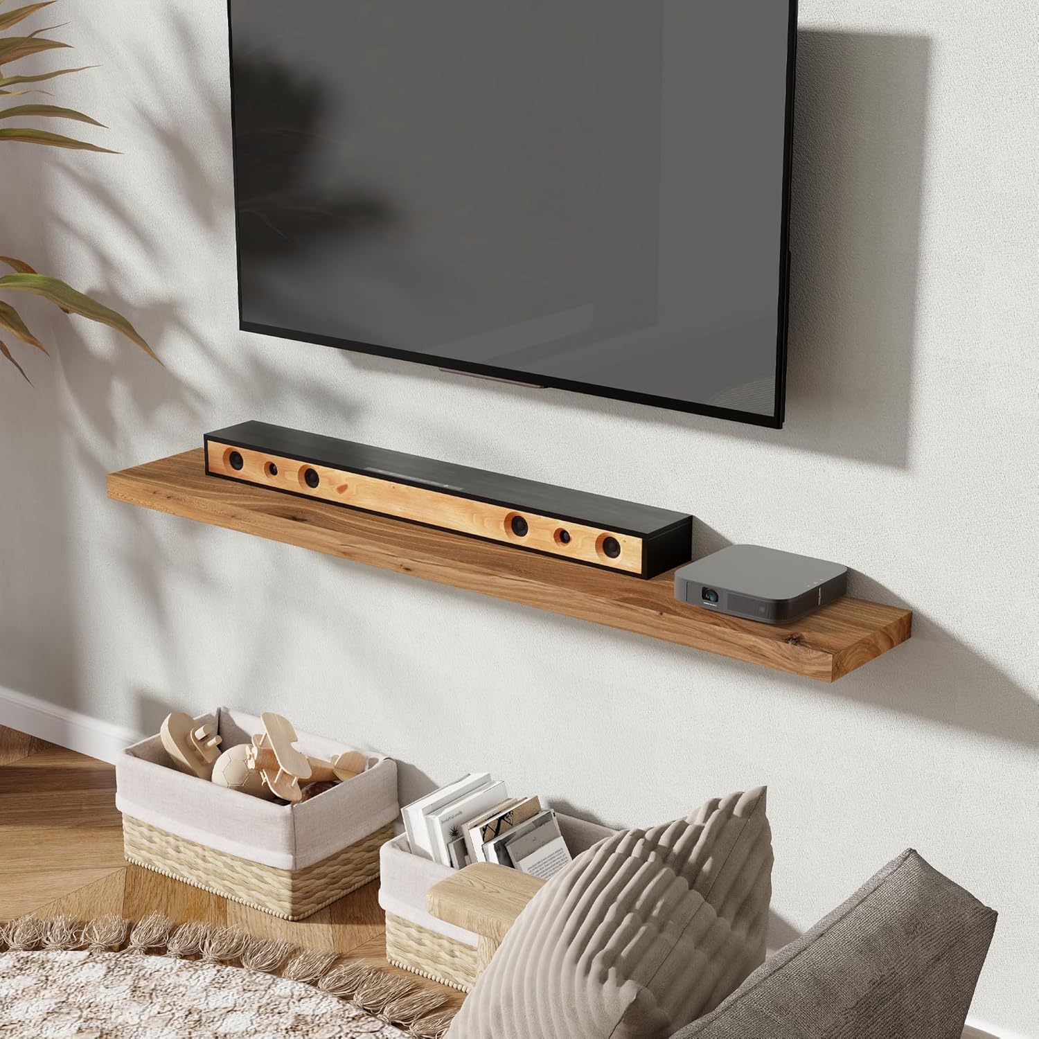 55" Floating Shelves for Wall, Rustic Elm Wood Floating Shelf for Home Decor, Wall-Mounted Display
