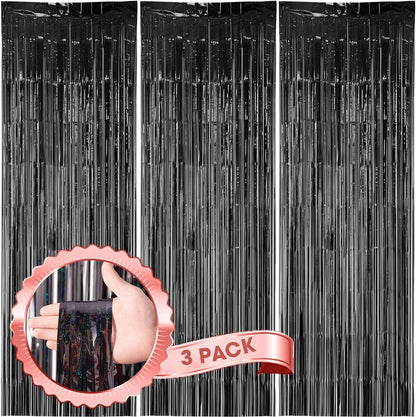 3 Pack 3.3 x 8.2 ft Laser Black Foil Fringe Backdrop Curtains, Tinsel Streamers Birthday Party
