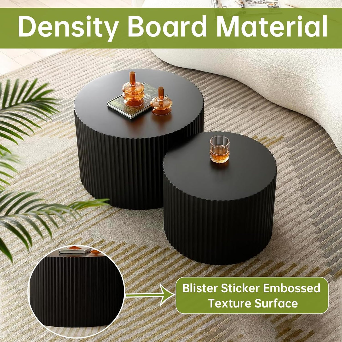 Round Nesting Coffee Table Modern Black Fluted Coffee Table Set of 2 for Living Room Circle Drum
