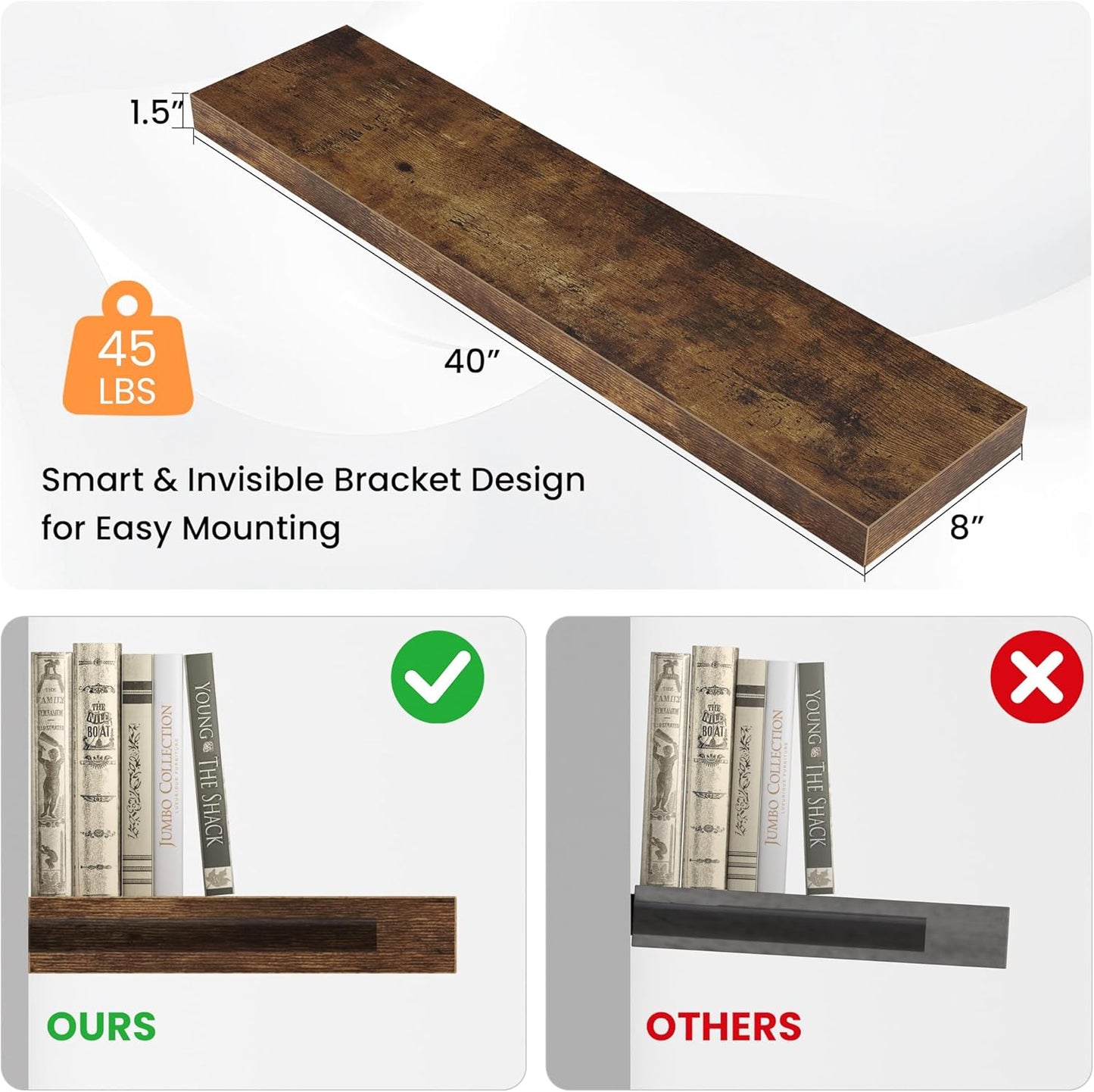 Floating Shelves for Wall, 40"W x 8"D x 1.5"H, Wooden Wall Mounted Display Shelves with Invisible