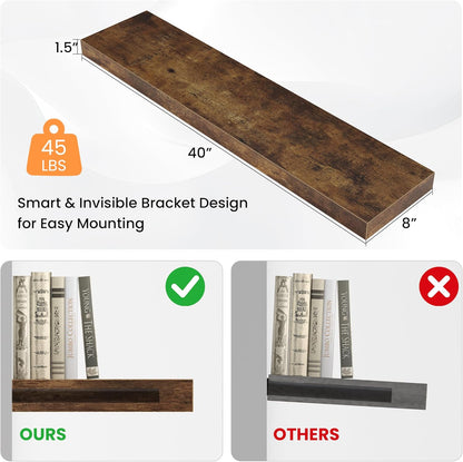 Floating Shelves for Wall, 40"W x 8"D x 1.5"H, Wooden Wall Mounted Display Shelves with Invisible