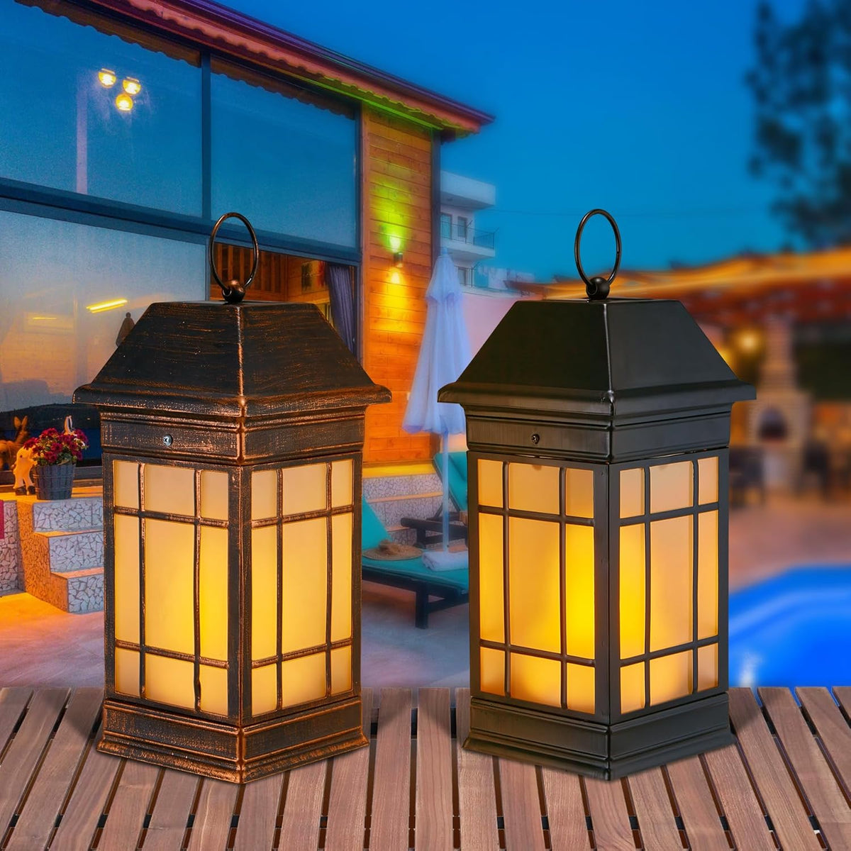 14" Solar Lantern Outdoor Waterproof, Glass Flickering Flame Solar Lanterns, Hanging Metal Lantern