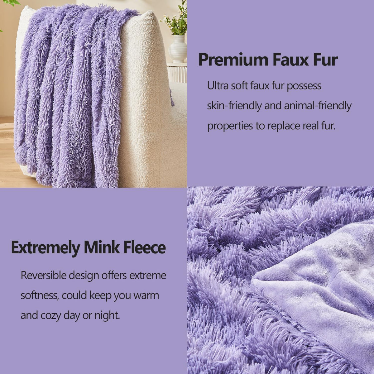 GONAAP Fuzzy Faux Fur Throw Blanket Lavender Super Soft Cozy Plush Fuzzy Shaggy Blanket for Couch