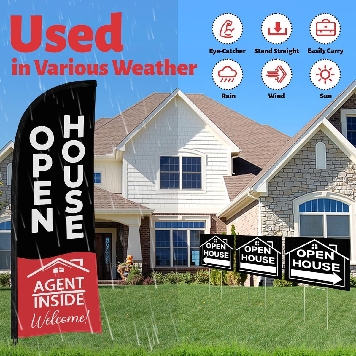 44 Pcs Open House Signs for Real Estate, Double Sided Open House Flag Kit, 7.6 x 5.4 Ft Black