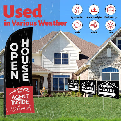 44 Pcs Open House Signs for Real Estate, Double Sided Open House Flag Kit, 7.6 x 5.4 Ft Black
