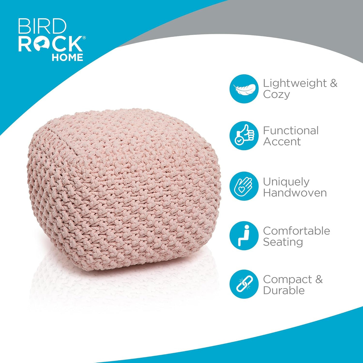 BIRDROCK HOME Square Pouf Ottoman | Cotton Braided Foot Stool with Bean Bag Filling | Boho Foot