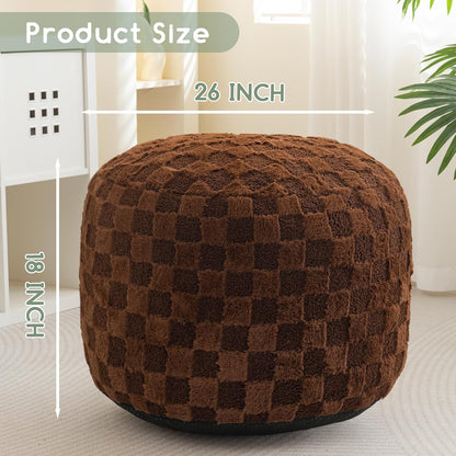 HIGOGOGO Round Stuffed Pouf Ottoman, Plaid Poufs with Foam Chunk Filling, Fluffy and Furry Pouf