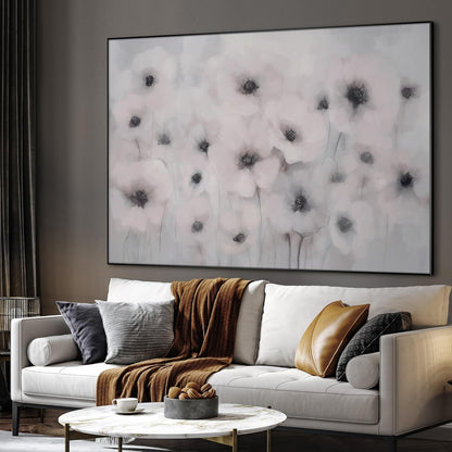 36"x46" Extra Large Framed Wall Art Soft White Poppies Watercolor Floral, Delicate Botanical for