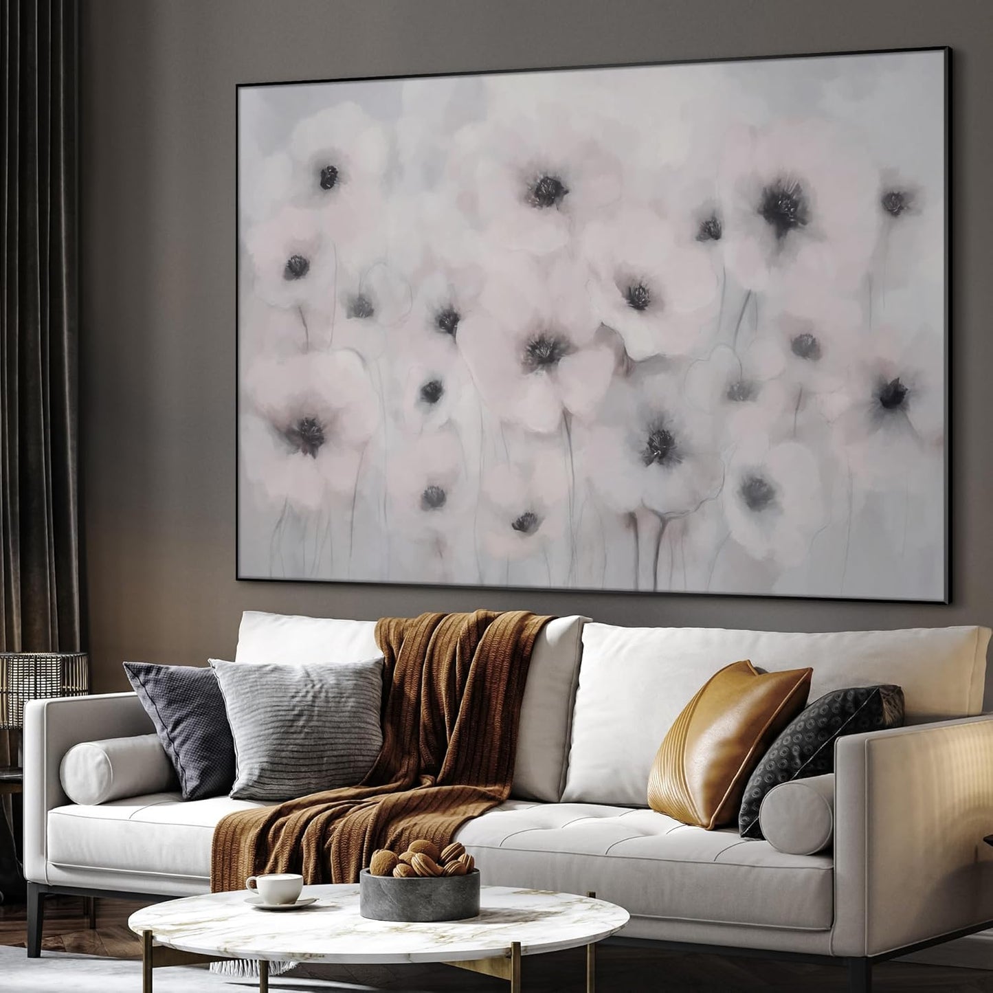 46"x60" Extra Large Framed Wall Art Soft White Poppies Watercolor Floral, Delicate Botanical for
