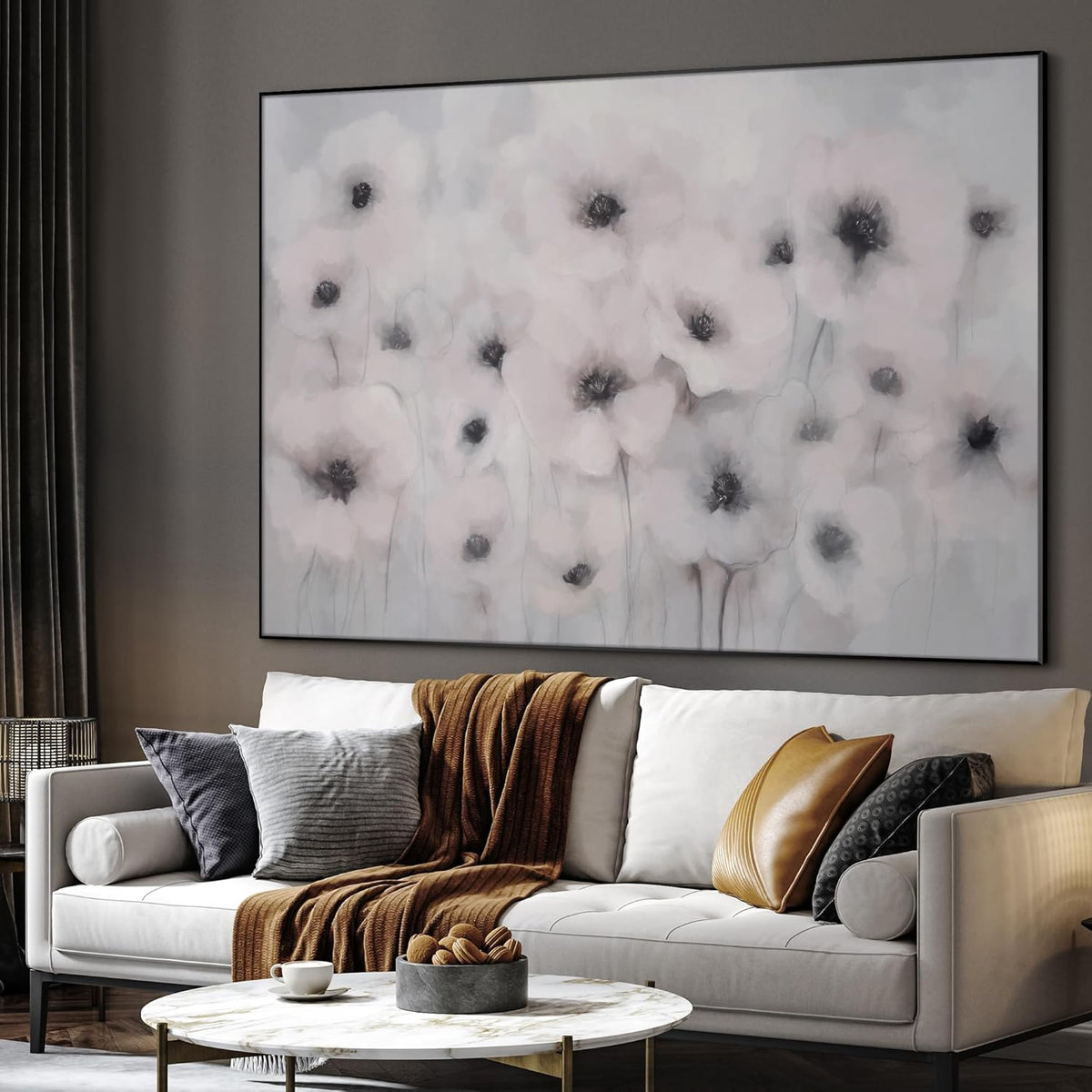 46"x60" Extra Large Framed Wall Art Soft White Poppies Watercolor Floral, Delicate Botanical for