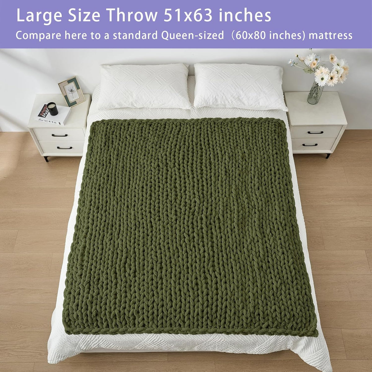 Bigacogo Chunky Knit Throw Blanket for Couch, 51x63 inches, 100% Hand Knitted with Thick Jumbo