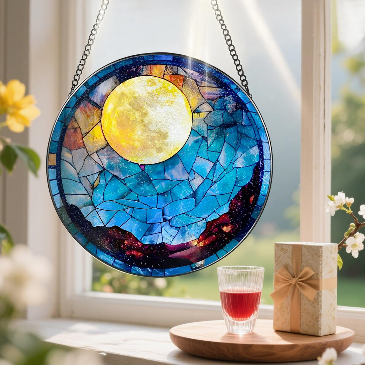 Stained Glass Window Hanging - 8 Inch Full Moon Suncatcher for Window Doors Home Decoration