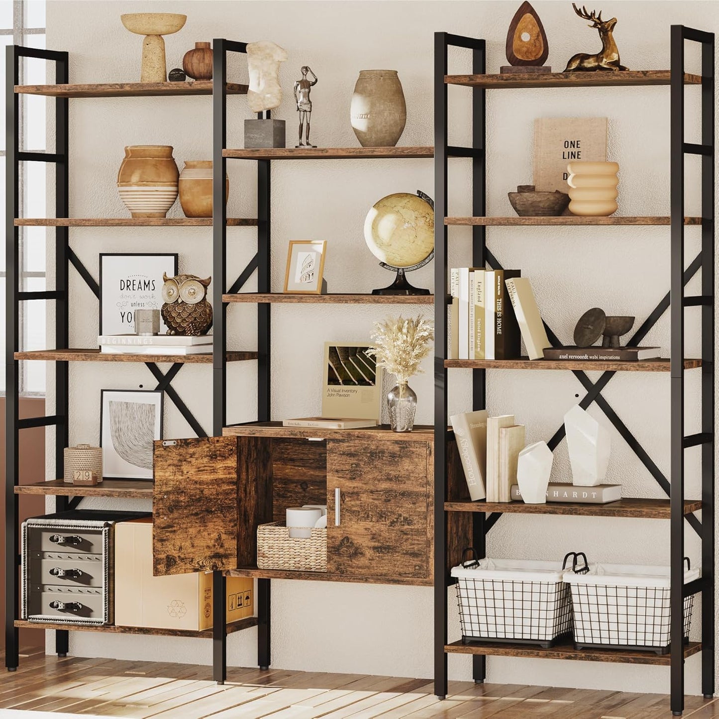 70 x70" Triple 5 Tier Book Shelf, Industrial Large Bookcase with Storage Cabinet, Tall Bookshelf