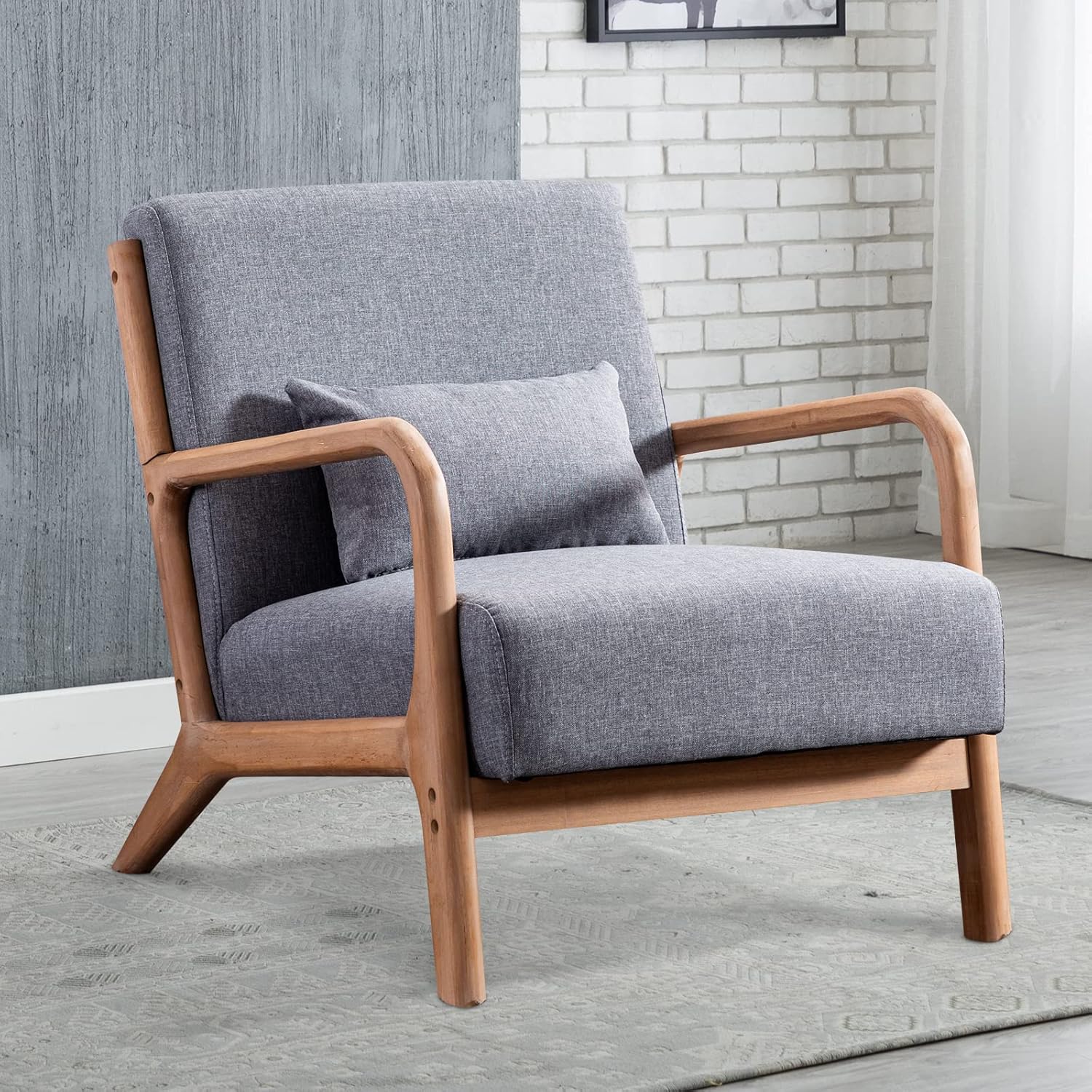INZOY Mid Century Modern Accent Chair with Wood Frame, Upholstered Living Room Chairs with Waist