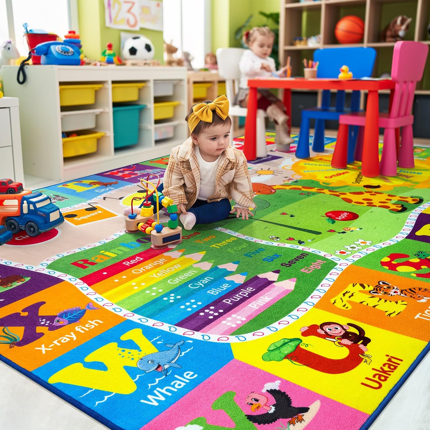 7x10 Playroom Rugs for Kids Washable, Educational and Fun Playmat with ABC Alphabet Animals Shapes