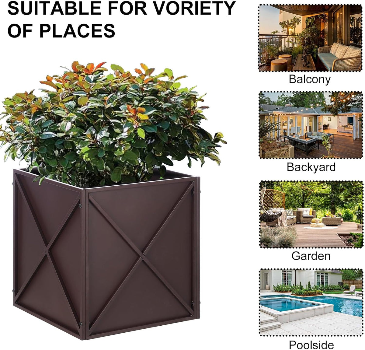 SUNNYPARK Large Metal Planter Box 17”x 17”x 18”, Square Modern Brown Metal Planter Box Heavy Duty
