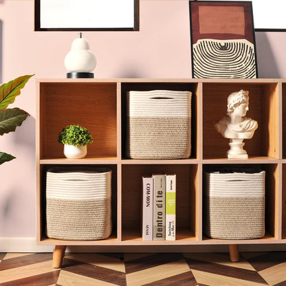 11 Inch Cube Storage Bins, Organizer Woven Cotton Rope Square Baskets for Organizing Shelves, Toys