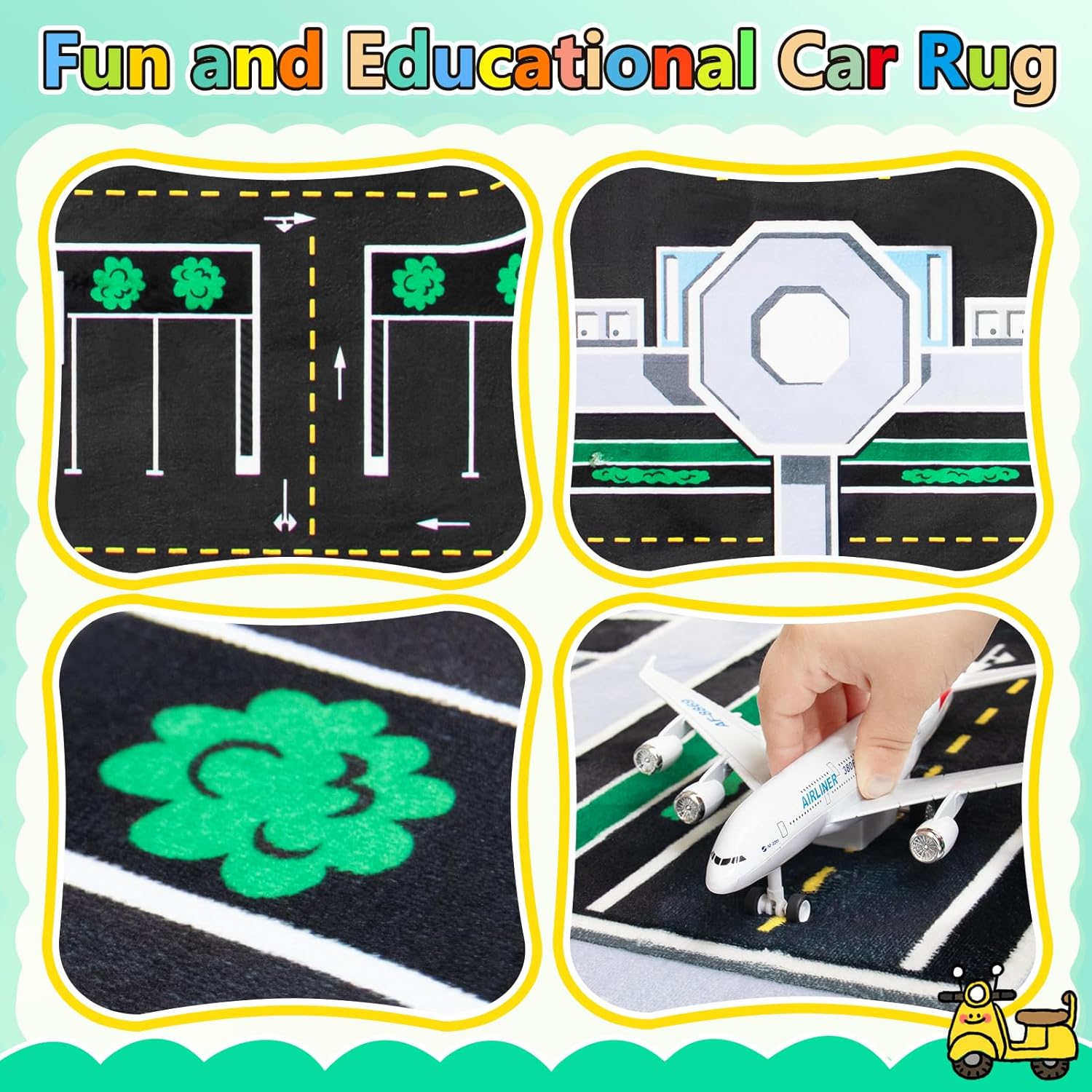 Kids Rug, Road Carpet for Kids with Combined City Road Traffic System, Car Rug and Airport Play