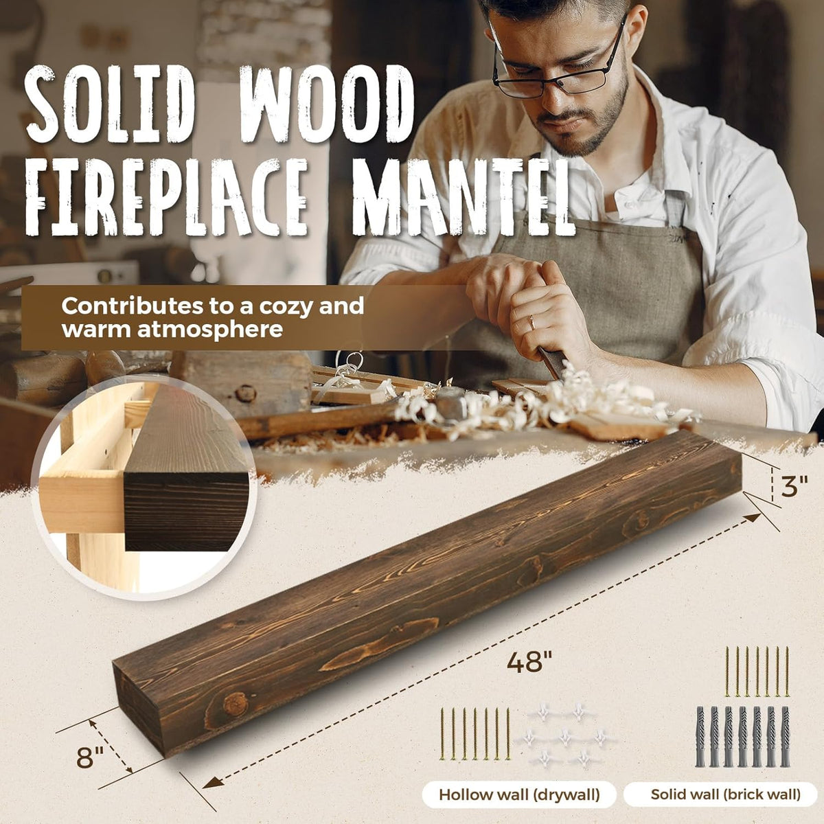 48x8x3 Fireplace Mantel - Handcrafted Hollow Rustic Solid Wood Wall Mounted Floating Shelf with