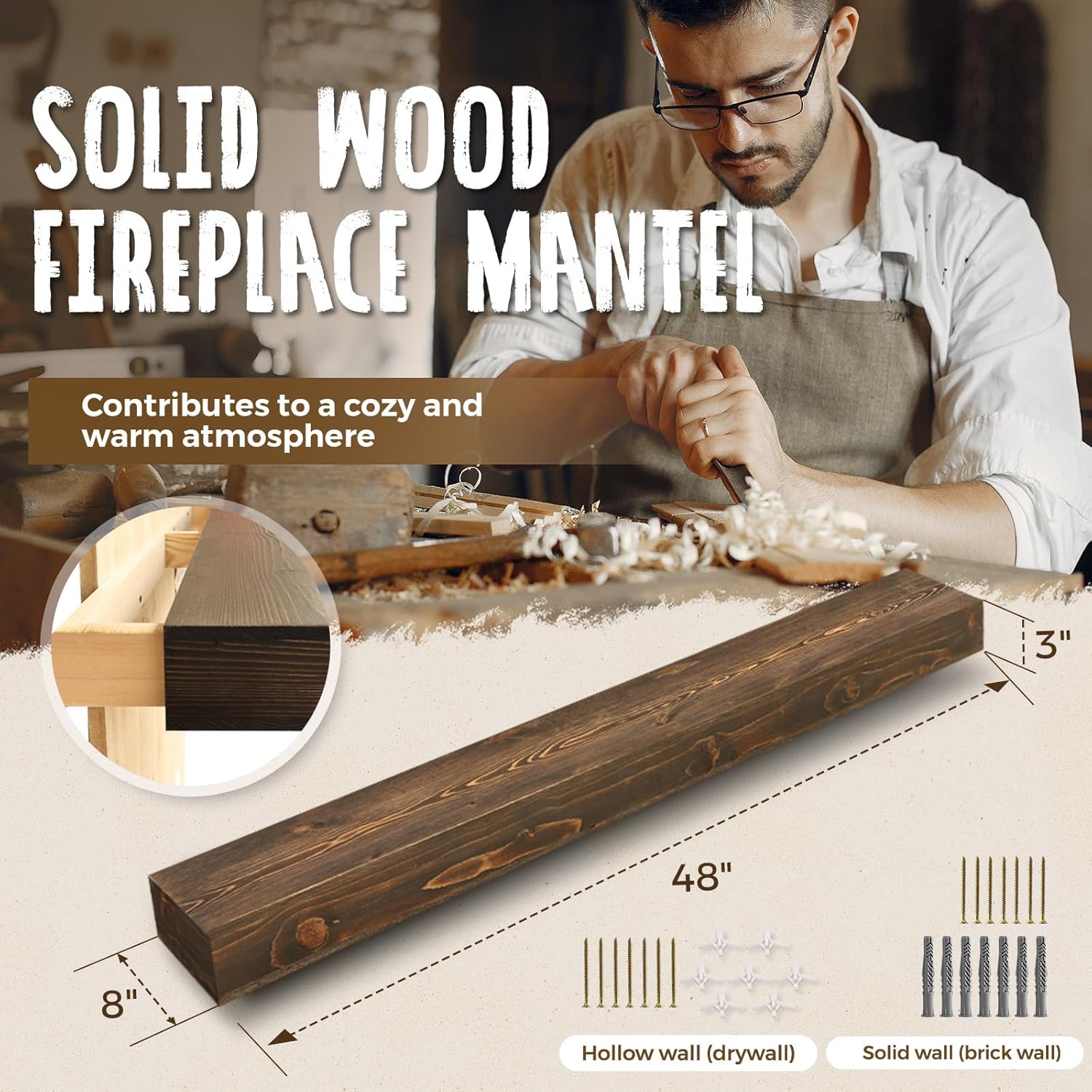 48x8x3 Fireplace Mantel - Handcrafted Hollow Rustic Solid Wood Wall Mounted Floating Shelf with