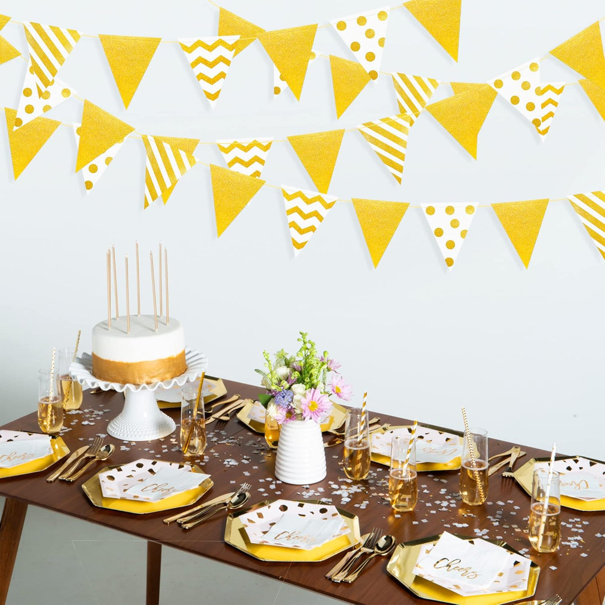 39Ft White and Gold Party Decorations Polka Dot Stripe Triangle Pennant Banner Glitter Foil Paper