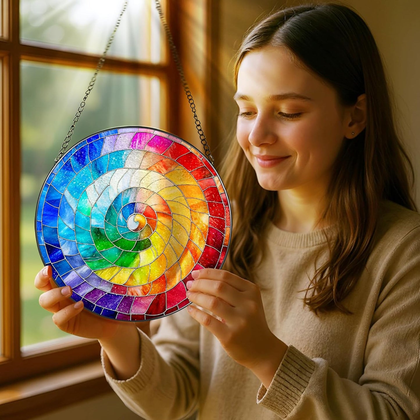 Stained Glass Window Hanging, 8 Inch Rainbow Spiral Stained Glass Suncatcher, Spiral Window Hanging