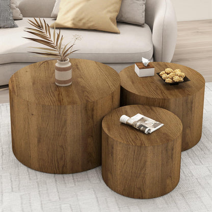 Vikiullf Nesting Coffee Table Set of 3, Round Wooden Coffee Tables, Modern Circle Table for Living