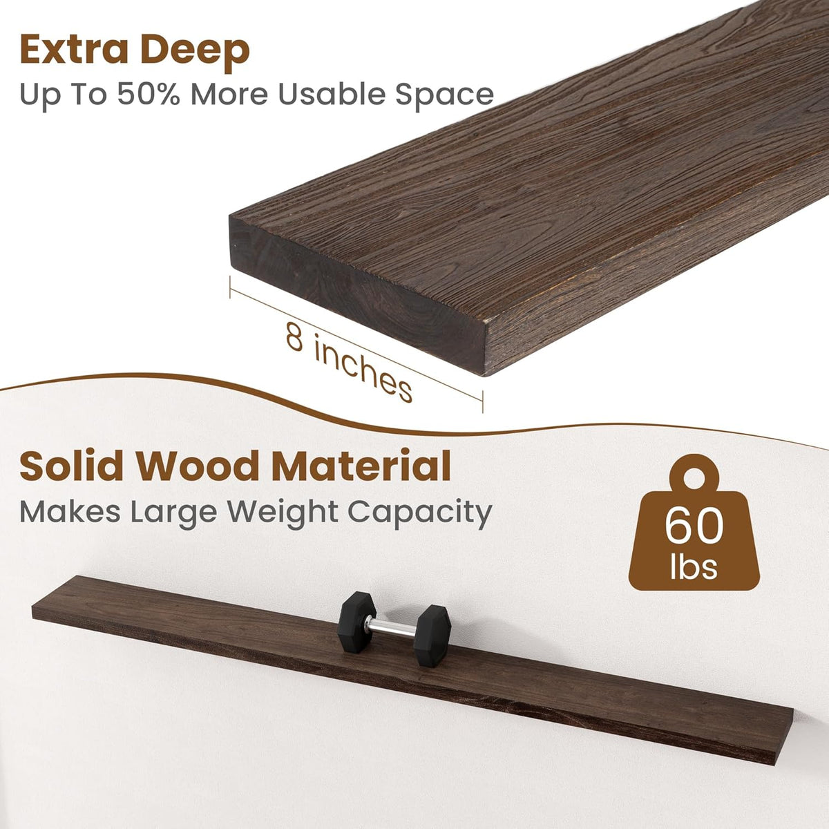 Floating Shelves for Wall Decor, 8 Inch Deep Rustic Solid Elm Wood Floating Shelves Wall Mounted