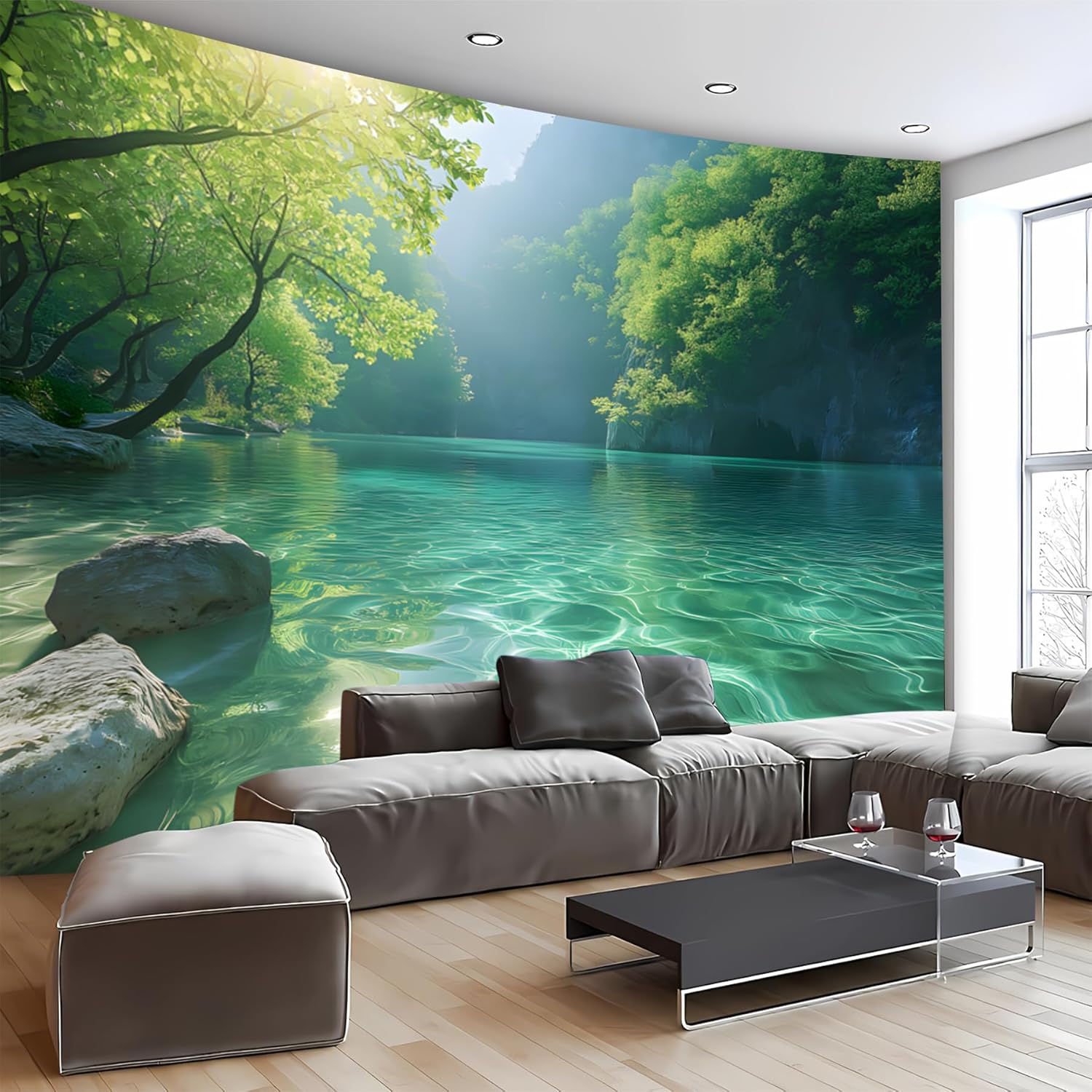 BSFHH Nature Tapestry Forest Tree Sea Cave Wall Hanging, Stream Through Rainforest Landscape Wall