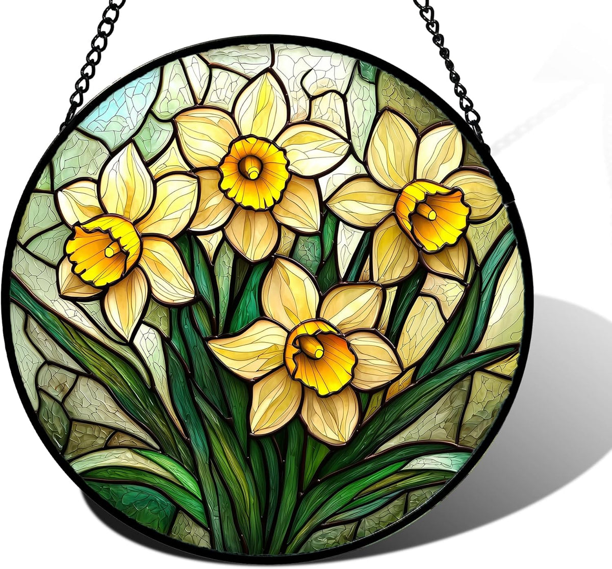 Stained Glass Window Hanging, Daffodil Plant Flowers Sun Catchers Diamond Glass Panel Hangings