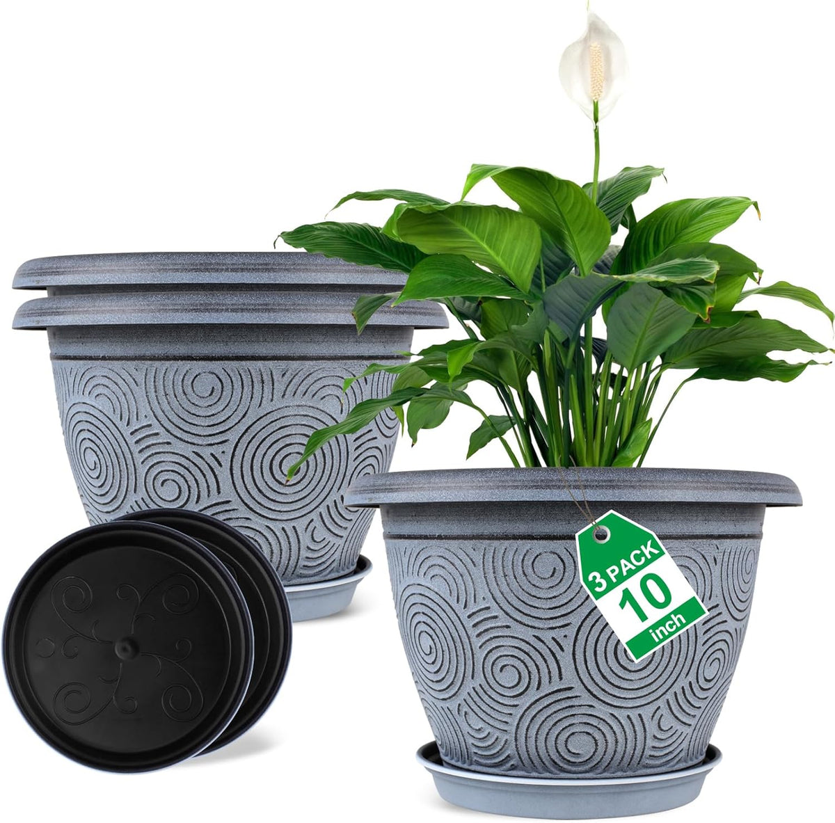 10 Inch Flower Pots Planters for Indoor Outdoor Plants, 3 Pack Plastic Large Plant Pots with