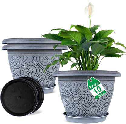 10 Inch Flower Pots Planters for Indoor Outdoor Plants, 3 Pack Plastic Large Plant Pots with