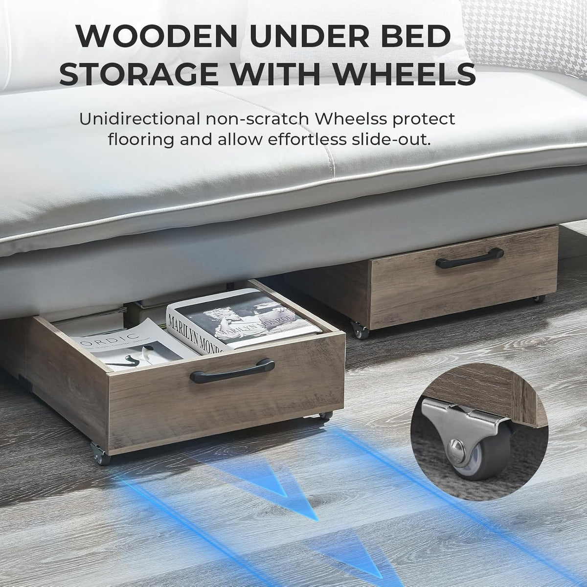 Under Bed Storage with Wheels, 2-Pack Under Bed Shoe Storage Organizer Drawer, Composite Wood