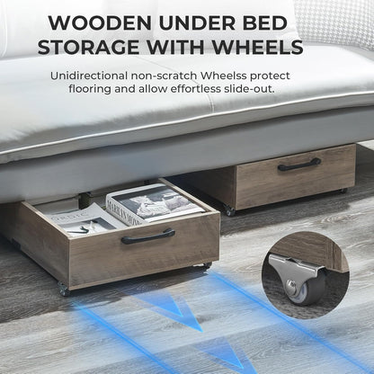 Under Bed Storage with Wheels, 2-Pack Under Bed Shoe Storage Organizer Drawer, Composite Wood